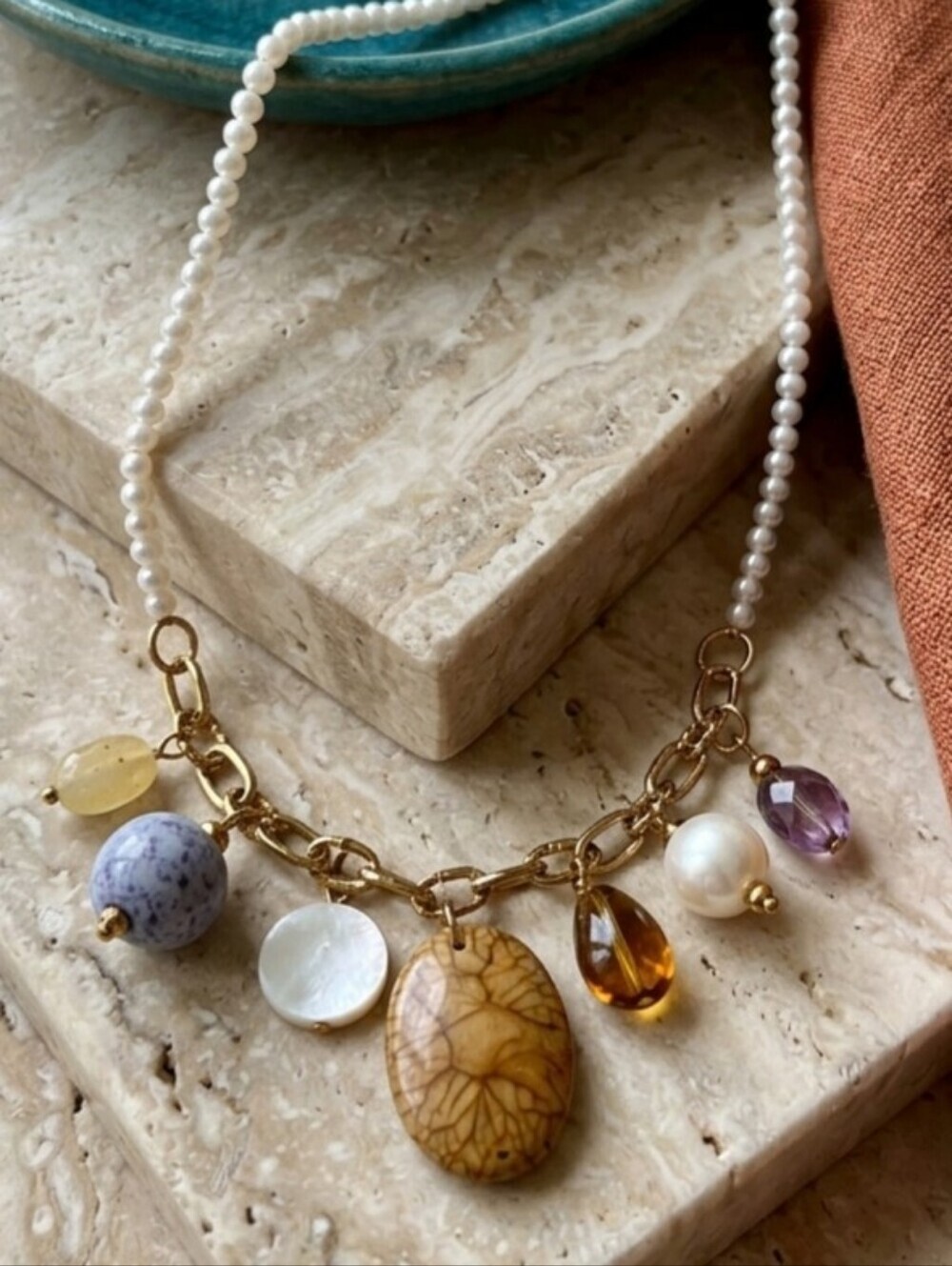 Faux Pearl Beaded Charm Necklace Naturecore Bohemian Mixed Stone Handmade 19.5"